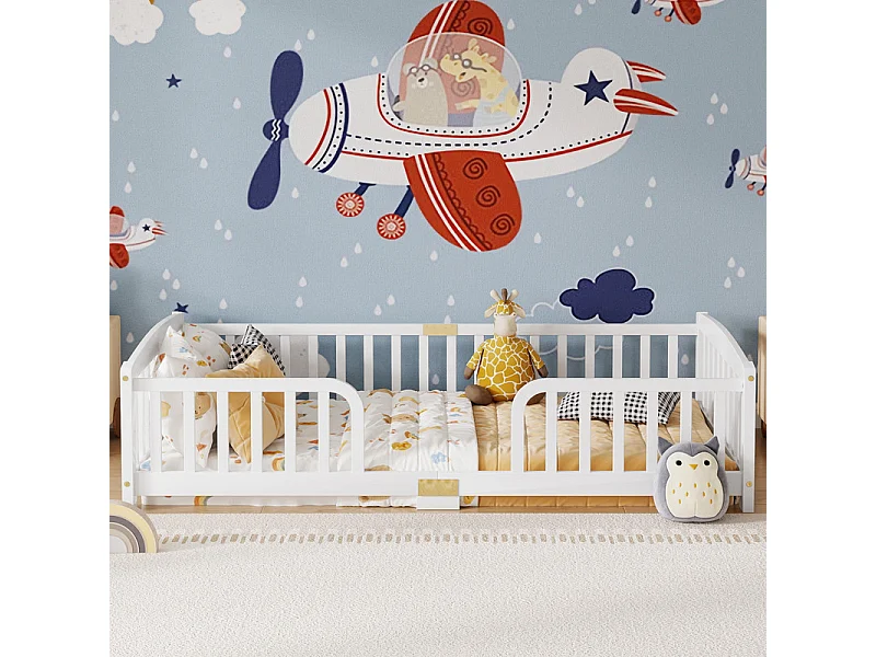 Cama infantil baja 90x200cm - con seguridad - colchón adaptado: máx. 13 cm - Pino - Blanco