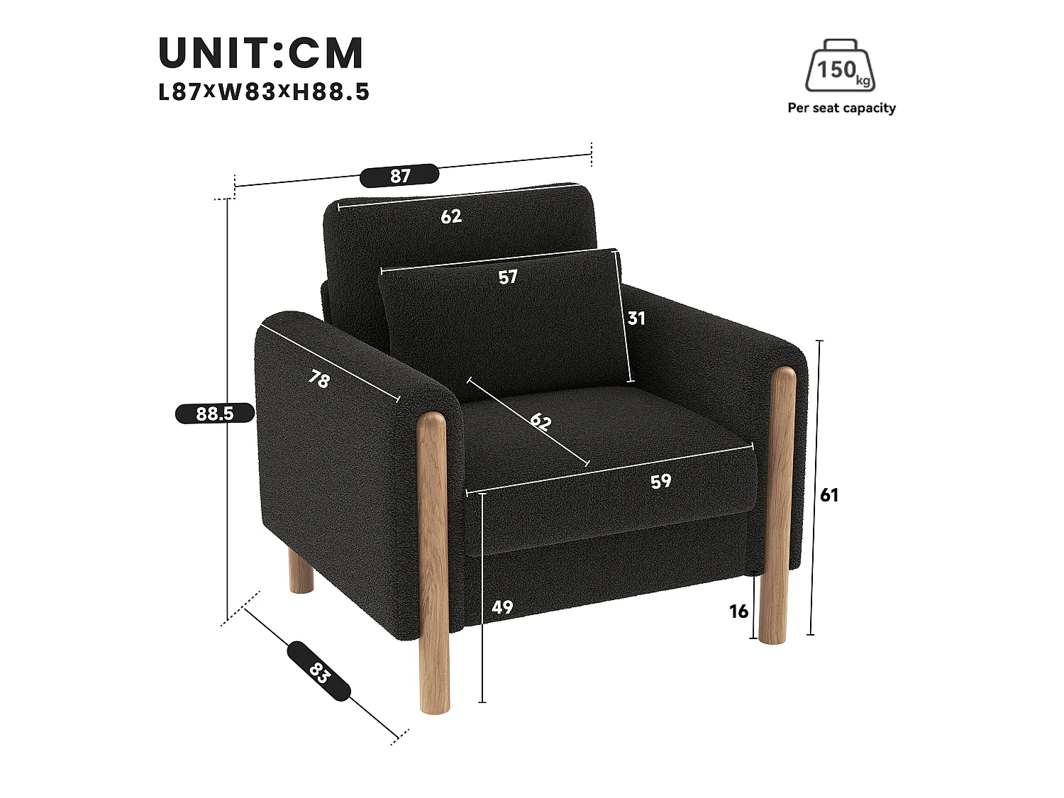 Fauteuil 87/88.5/83 cm avec coussin épais Lammfell-Optik gris foncé