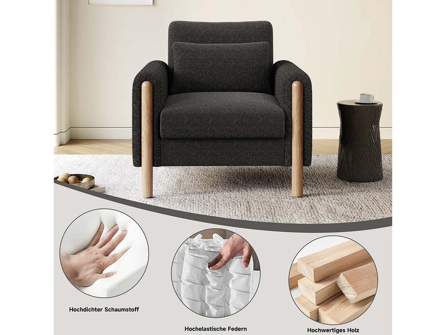 Fauteuil 87/88.5/83 cm avec coussin épais Lammfell-Optik gris foncé