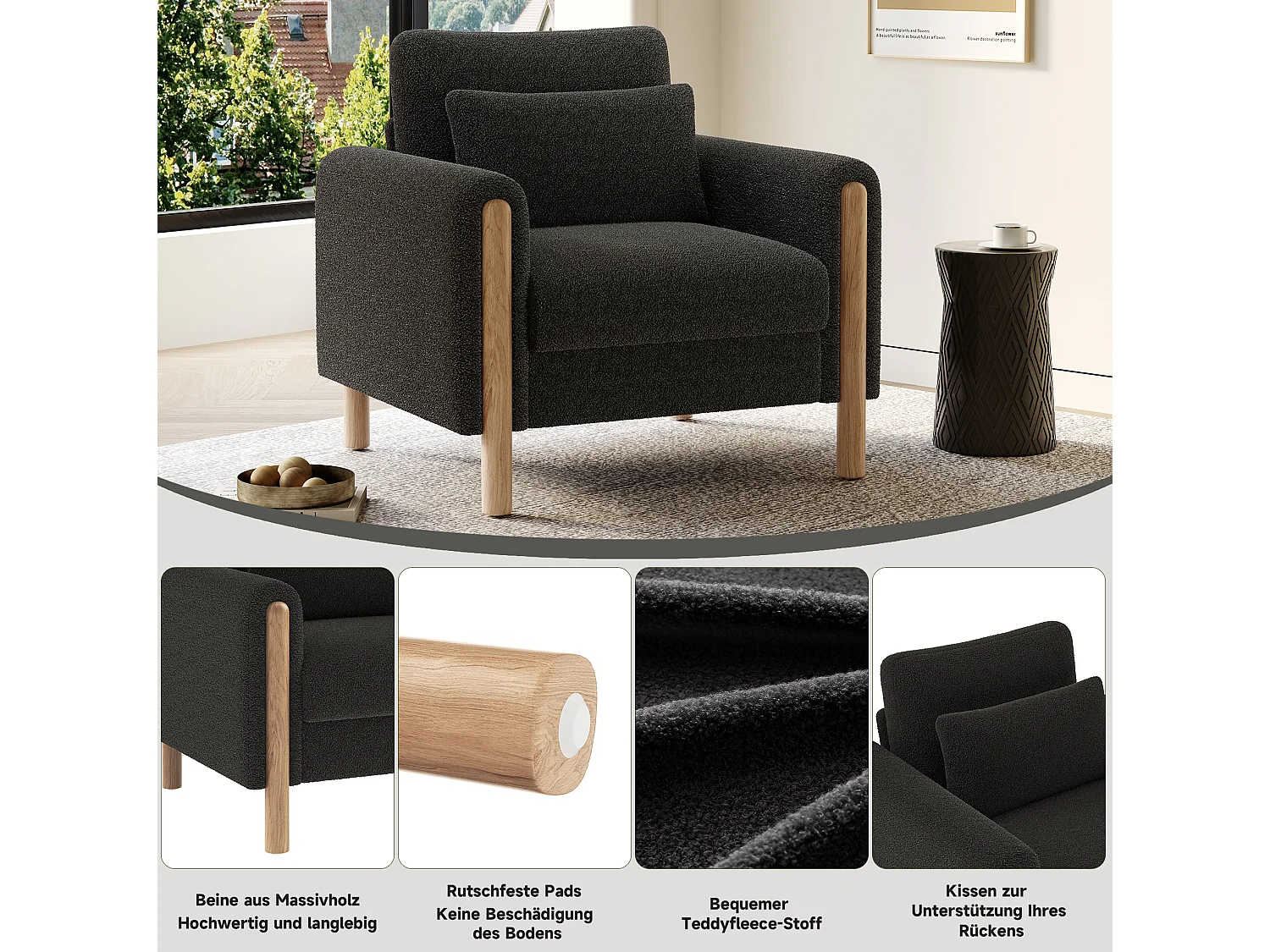 Fauteuil 87/88.5/83 cm avec coussin épais Lammfell-Optik gris foncé