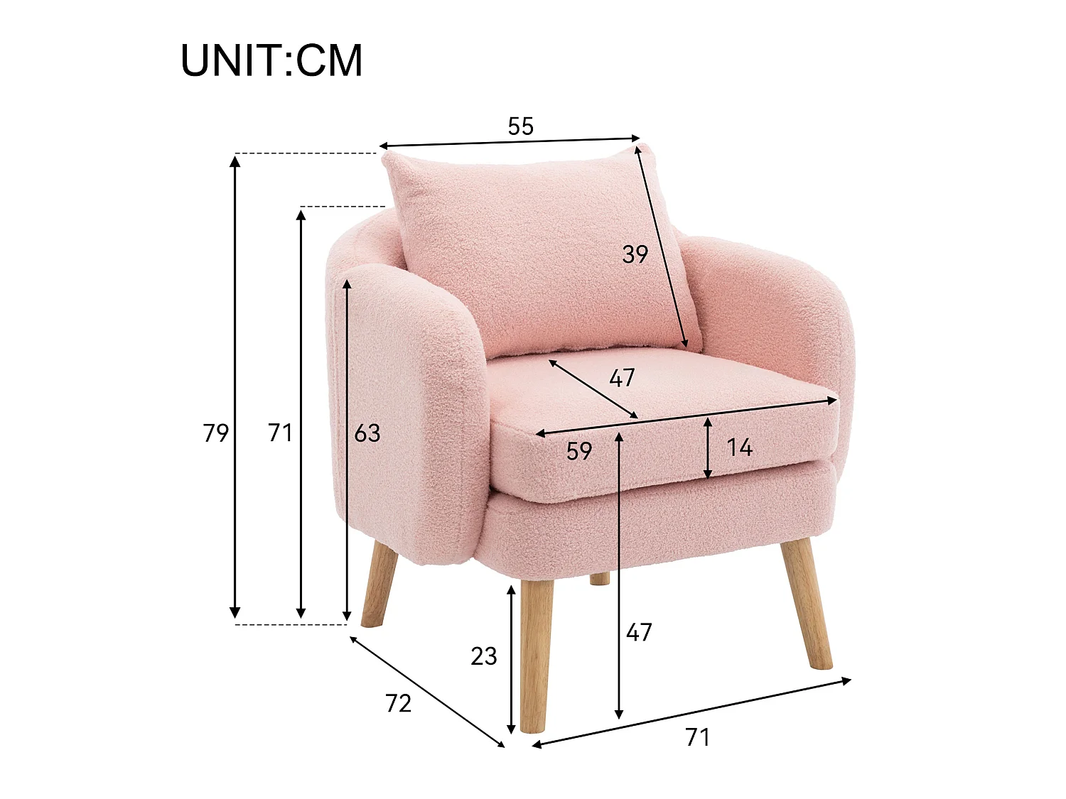 Fauteuil 71/72/71 cm avec coussin dossier Lammfell-Optik rose