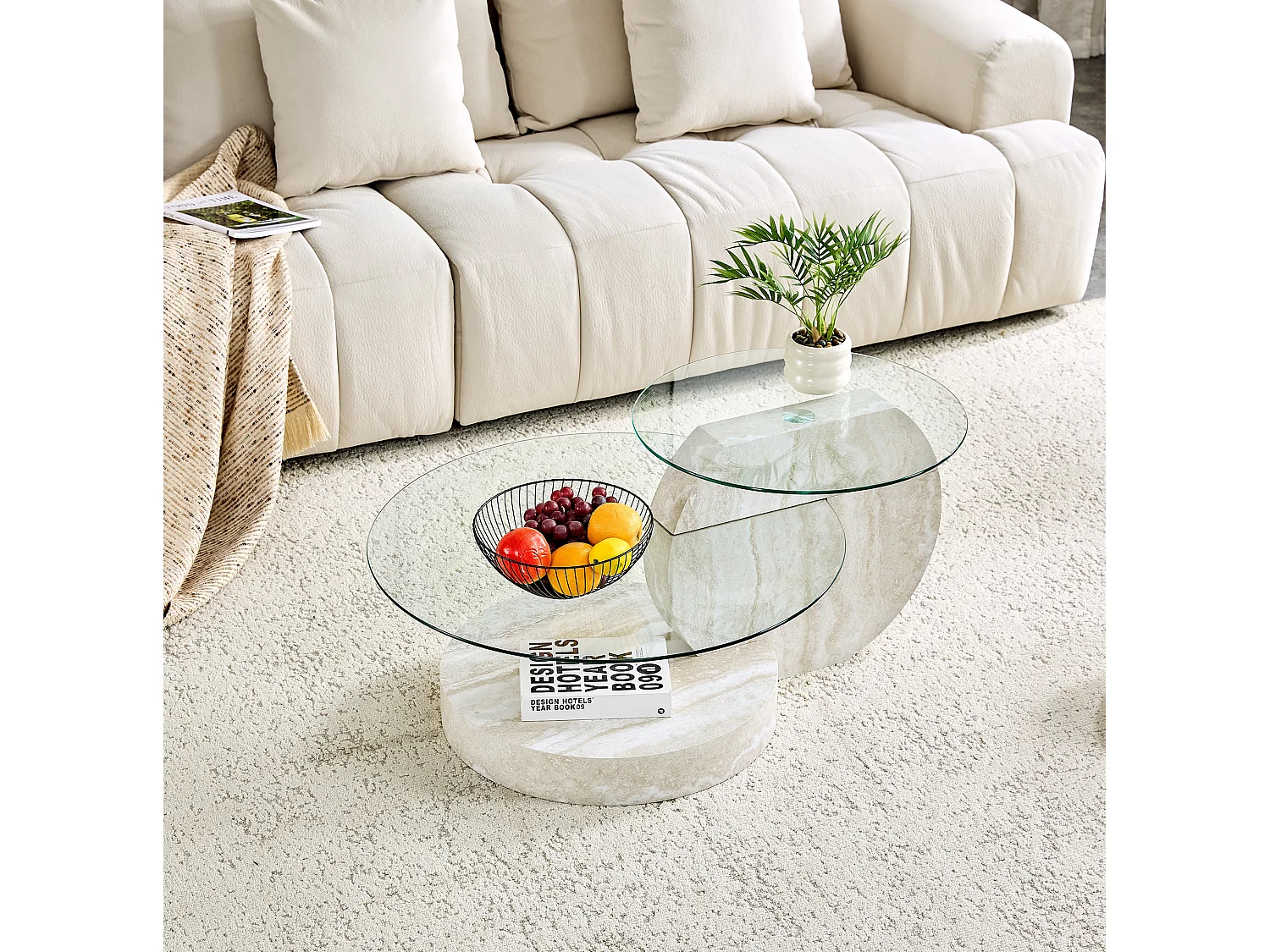 Table basse diamètre 70 cm – 2 plateaux, rangement ouvert, verre de sécurité – MDF gris clair
