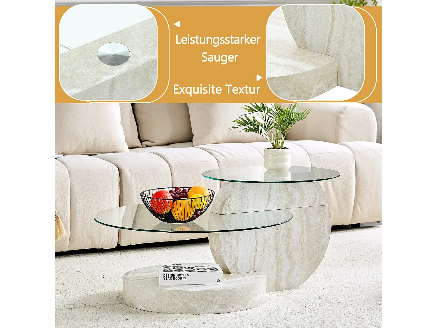 Table basse diamètre 70 cm – 2 plateaux, rangement ouvert, verre de sécurité – MDF gris clair