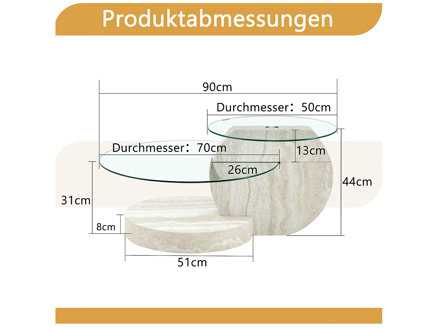 Table basse diamètre 70 cm – 2 plateaux, rangement ouvert, verre de sécurité – MDF gris clair