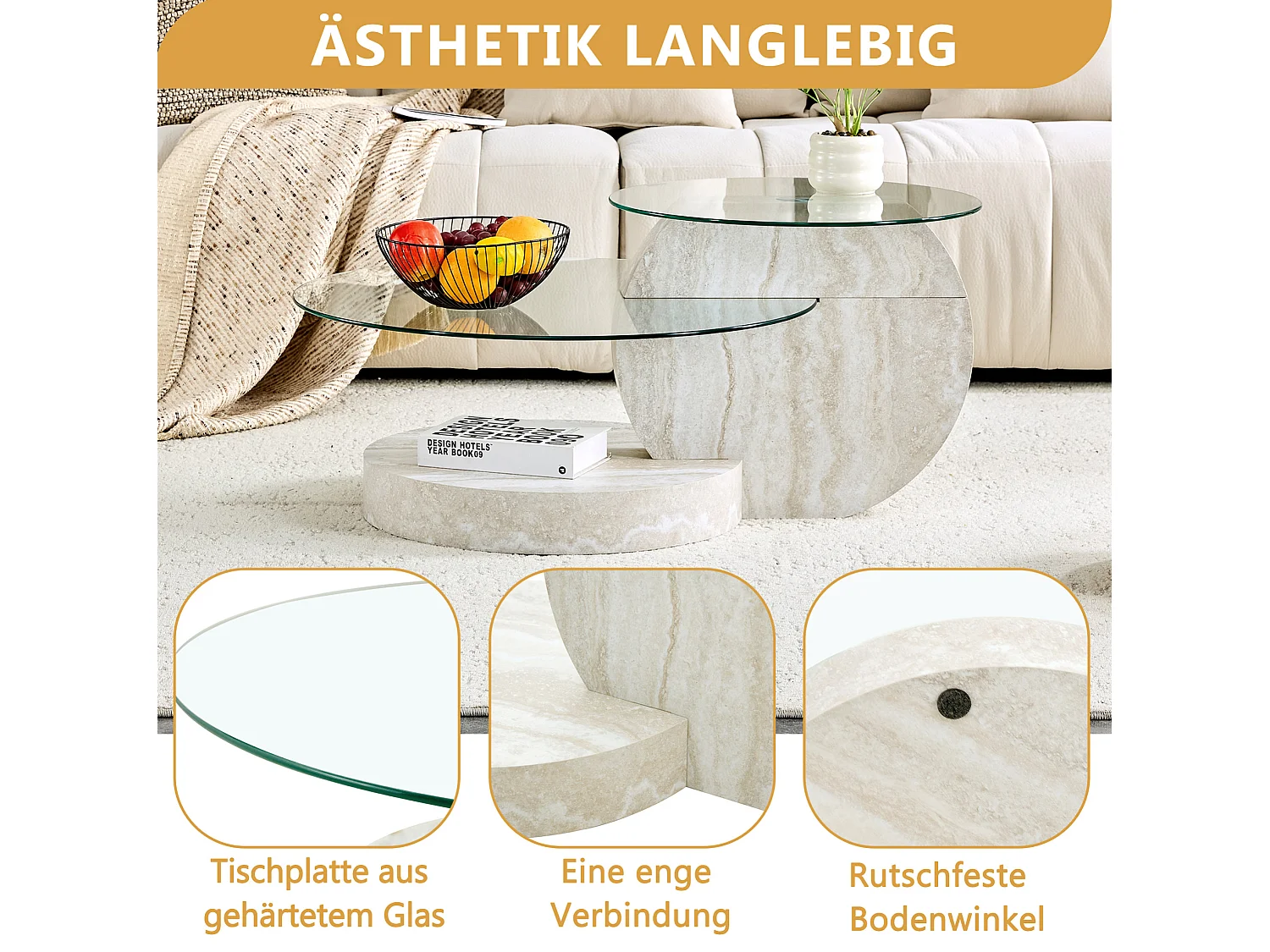 Table basse diamètre 70 cm – 2 plateaux, rangement ouvert, verre de sécurité – MDF gris clair