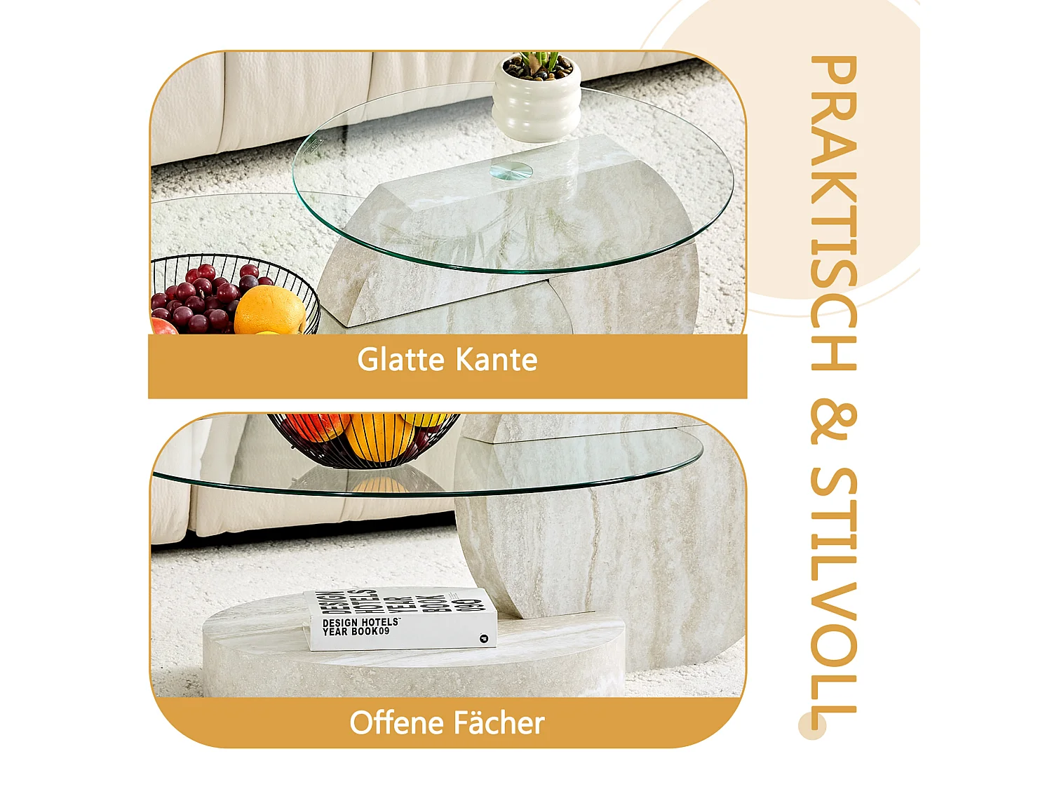 Table basse diamètre 70 cm – 2 plateaux, rangement ouvert, verre de sécurité – MDF gris clair