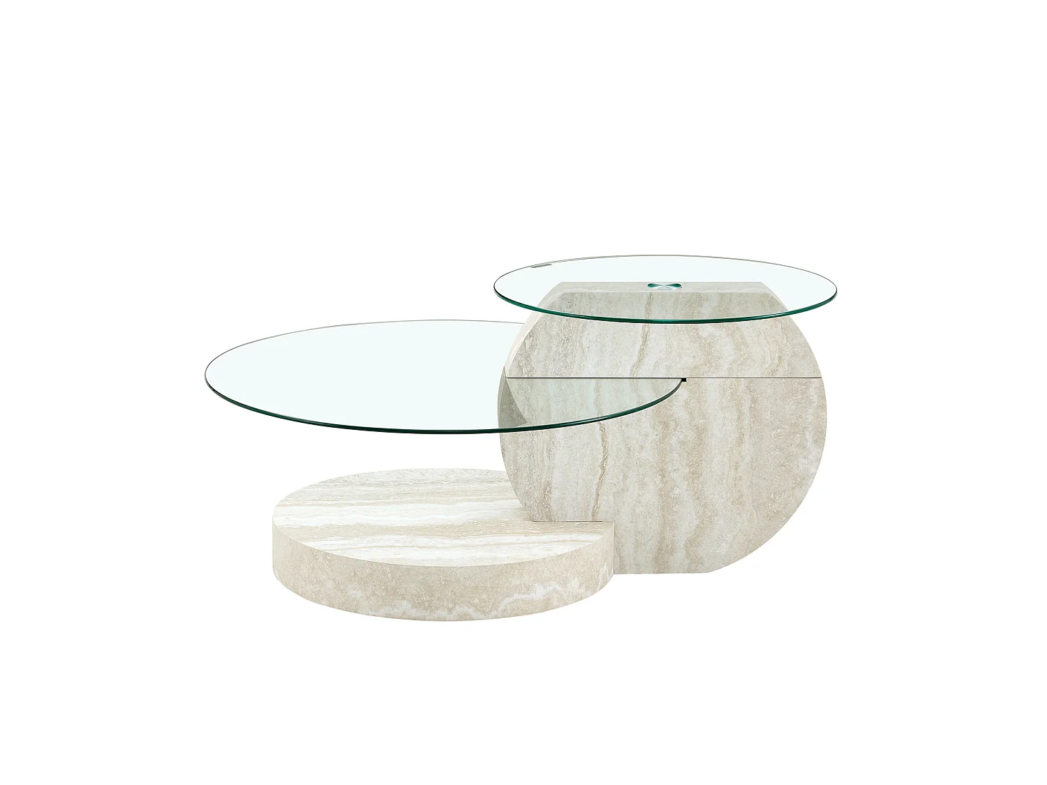Table basse diamètre 70 cm – 2 plateaux, rangement ouvert, verre de sécurité – MDF gris clair