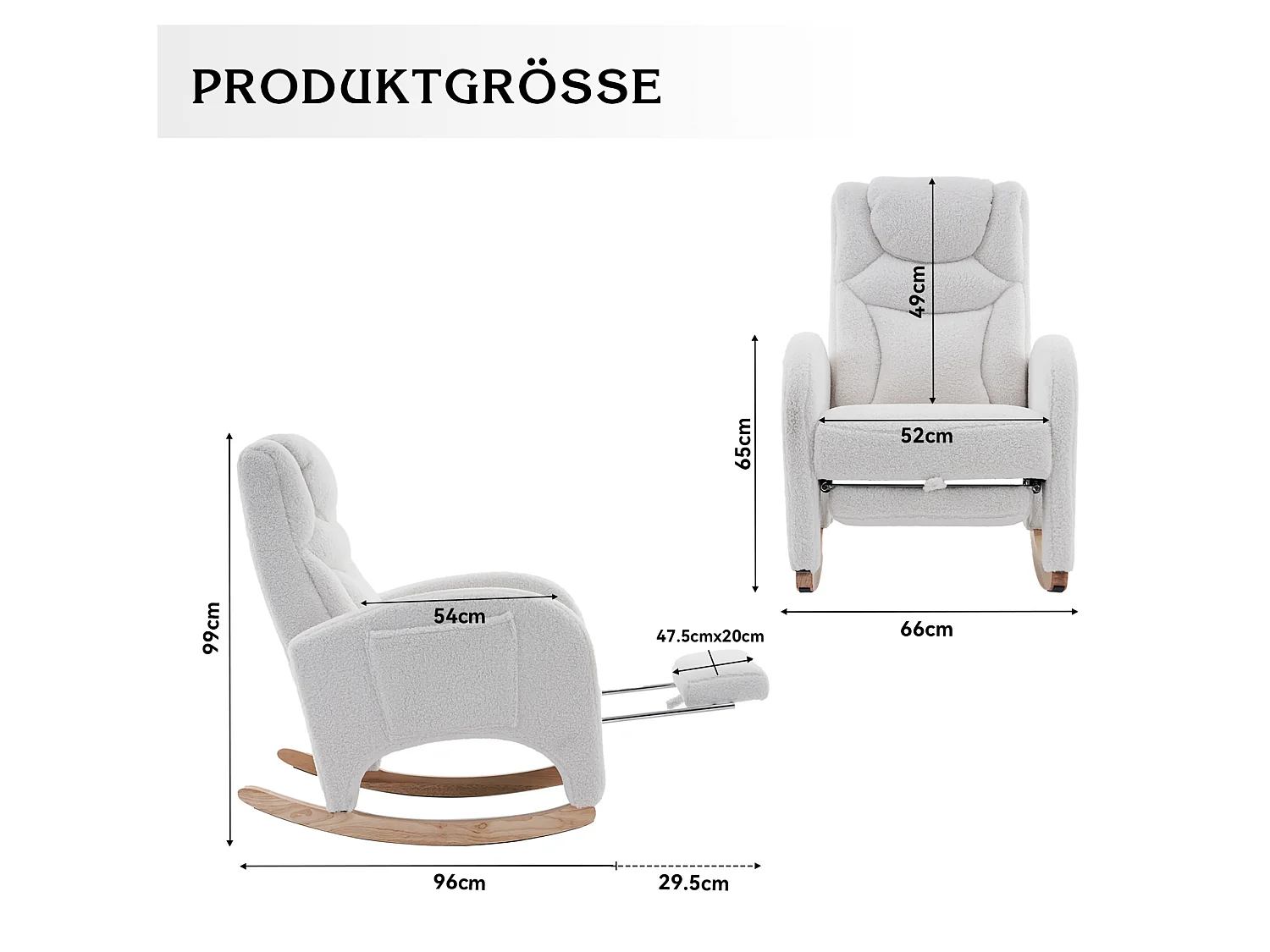 Fauteuil à bascule 66/125/101 cm avec repose-pieds pliable et appuie-tête Lammfell-Optik blanc