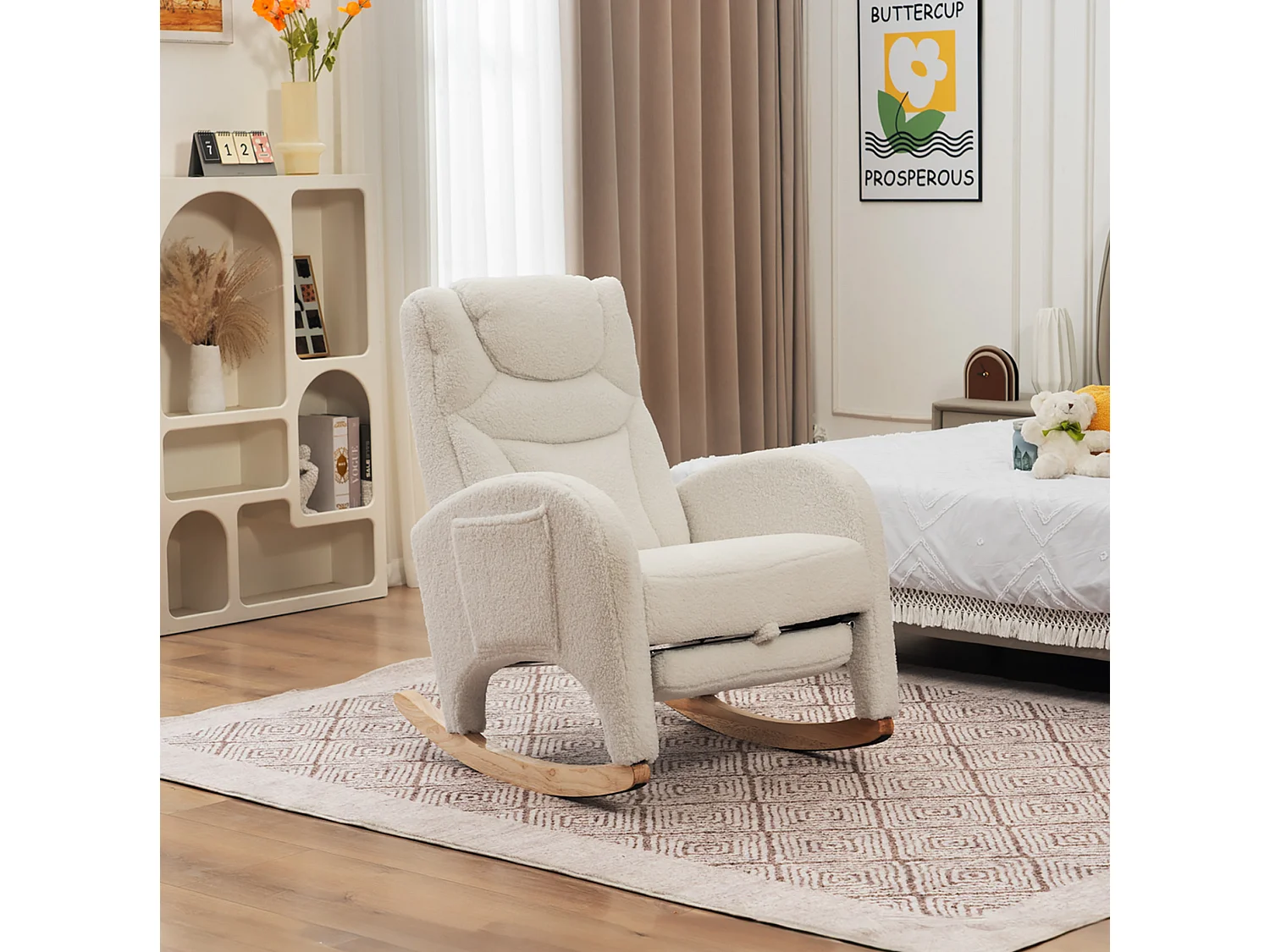Fauteuil à bascule 66/125/101 cm avec repose-pieds pliable et appuie-tête Lammfell-Optik blanc