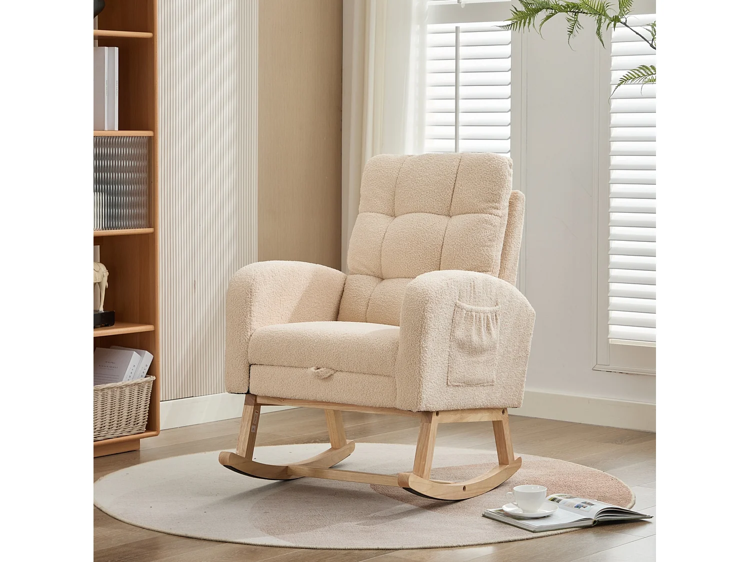 Fauteuil à bascule 50/99/132 cm avec dossier haut et poche latérale Lammfell-Optik beige