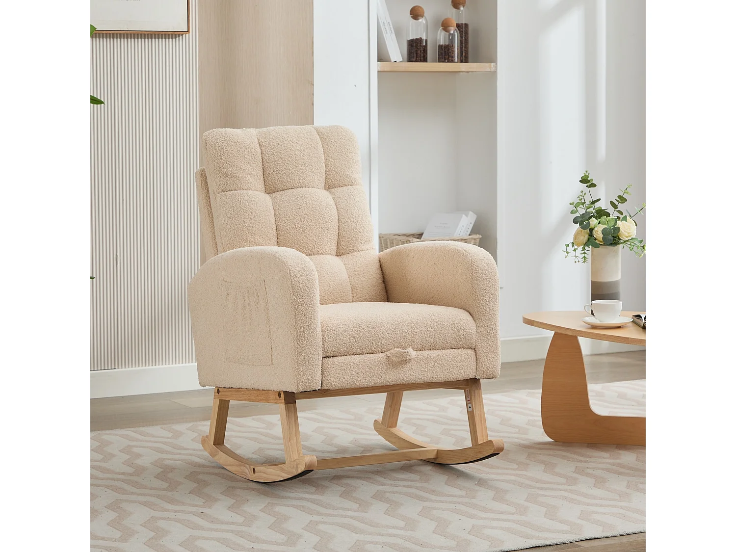 Fauteuil à bascule 50/99/132 cm avec dossier haut et poche latérale Lammfell-Optik beige