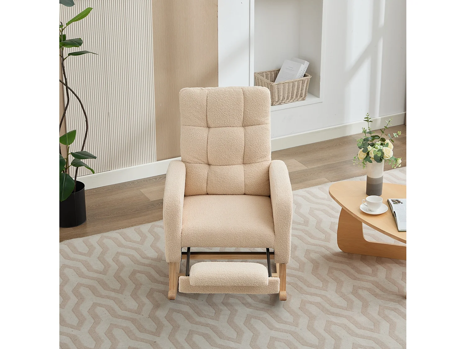 Fauteuil à bascule 50/99/132 cm avec dossier haut et poche latérale Lammfell-Optik beige