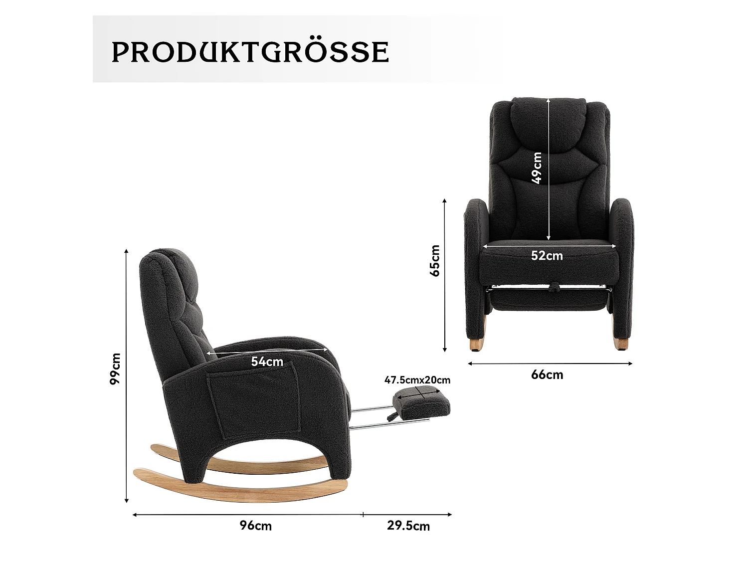 Rocking chair, Fauteuil à bascule 66/125/101 cm avec repose-pieds pliable et repose-tête Lammfell-Optik gris foncé