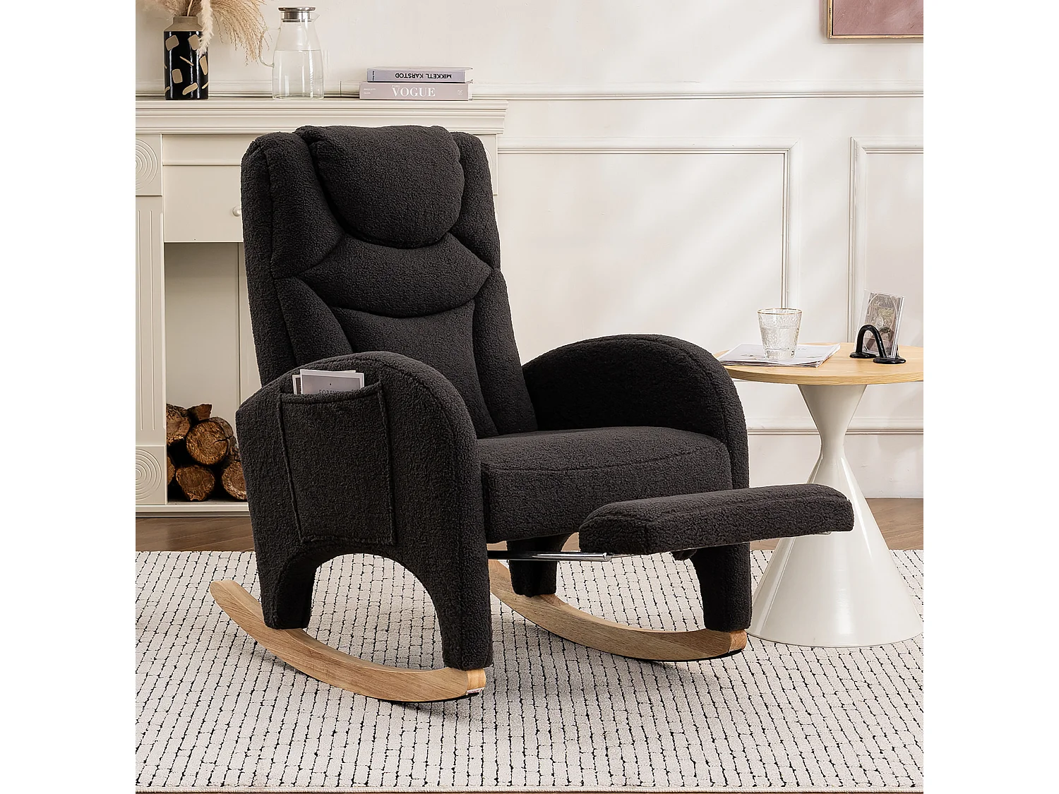 Rocking chair, Fauteuil à bascule 66/125/101 cm avec repose-pieds pliable et repose-tête Lammfell-Optik gris foncé