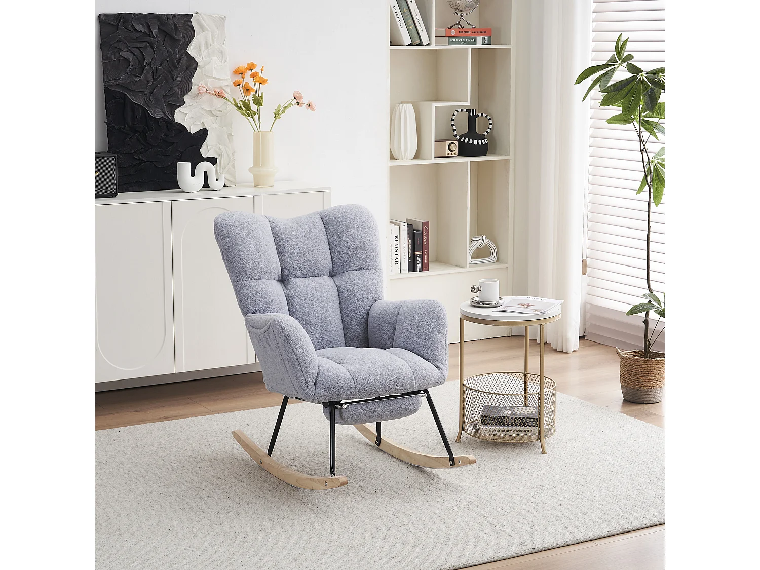 Fauteuil à bascule 80/98.5/98 cm avec repose-pieds pliable Lammfell-Optik gris