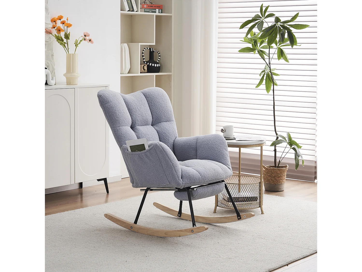 Fauteuil à bascule 80/98.5/98 cm avec repose-pieds pliable Lammfell-Optik gris
