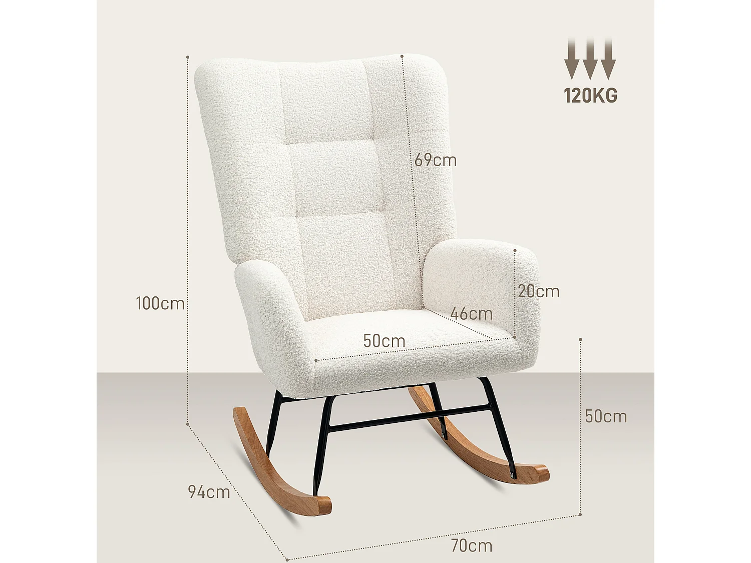 Fauteuil à bascule 70/100/94 cm avec accoudoirs Tissu Lammfell-Optik blanc crème