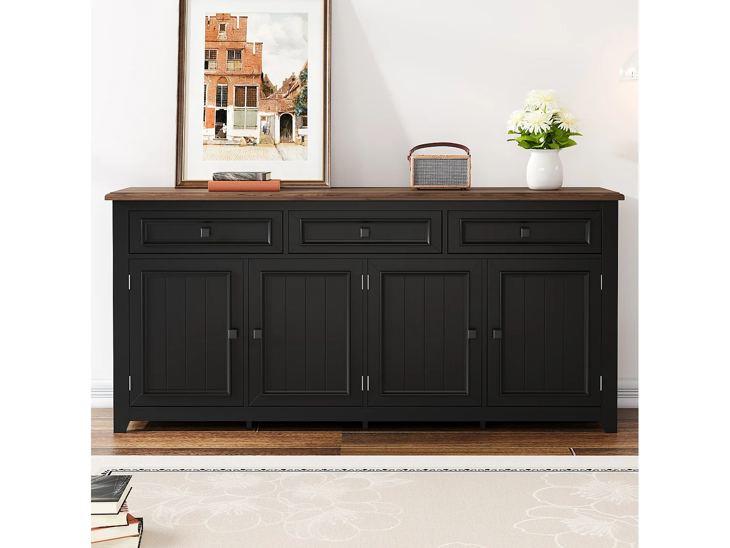 Credenza 160 x 35 x 76 cm in MDF nero effetto legno, 4 ante, 3 cassetti e ripiani regolabili