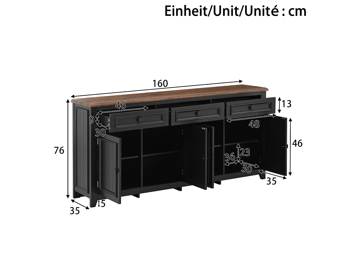 Credenza 160 x 35 x 76 cm in MDF nero effetto legno, 4 ante, 3 cassetti e ripiani regolabili
