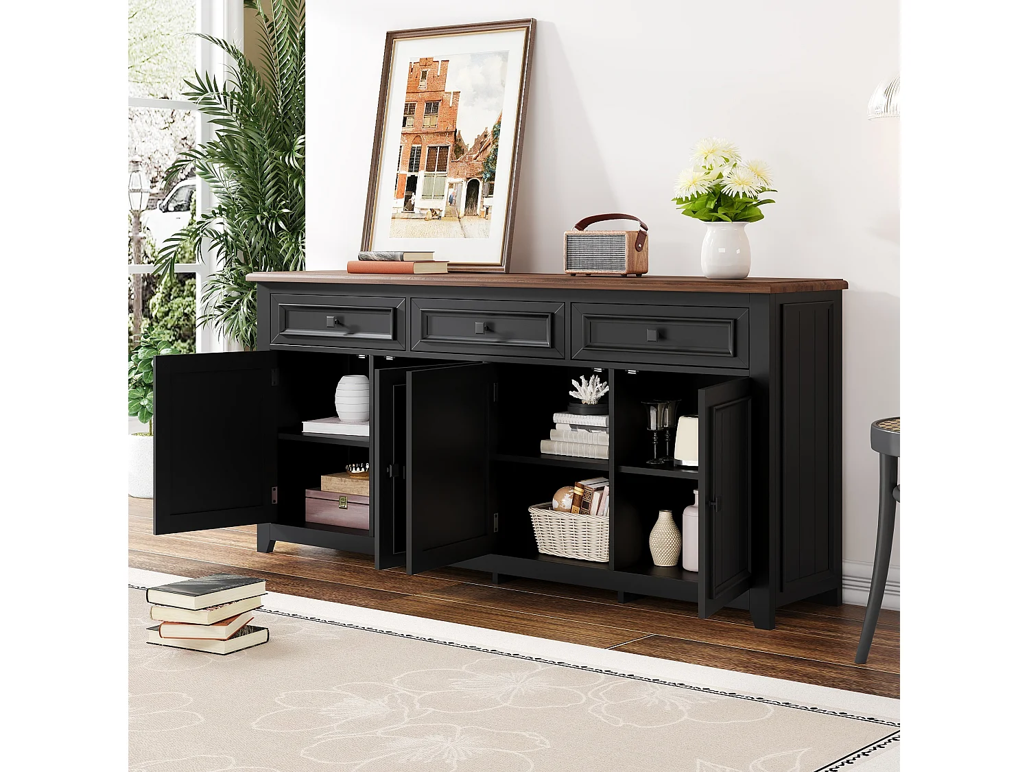 Credenza 160 x 35 x 76 cm in MDF nero effetto legno, 4 ante, 3 cassetti e ripiani regolabili