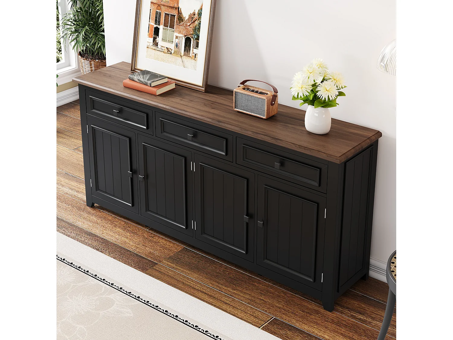 Credenza 160 x 35 x 76 cm in MDF nero effetto legno, 4 ante, 3 cassetti e ripiani regolabili