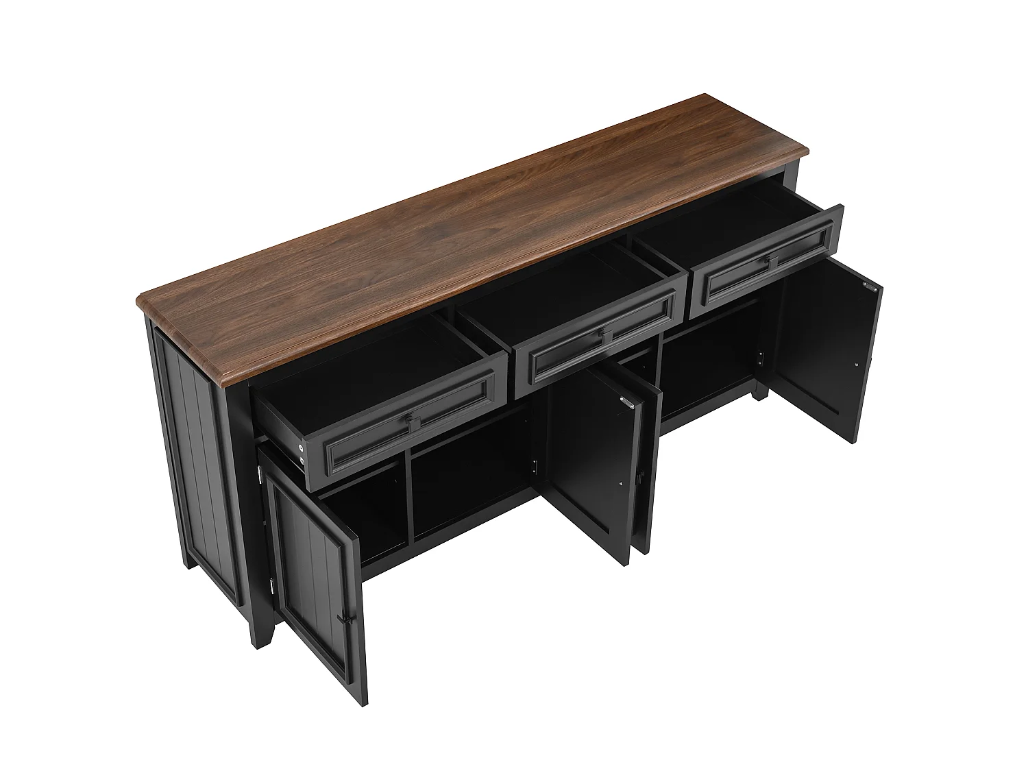Credenza 160 x 35 x 76 cm in MDF nero effetto legno, 4 ante, 3 cassetti e ripiani regolabili