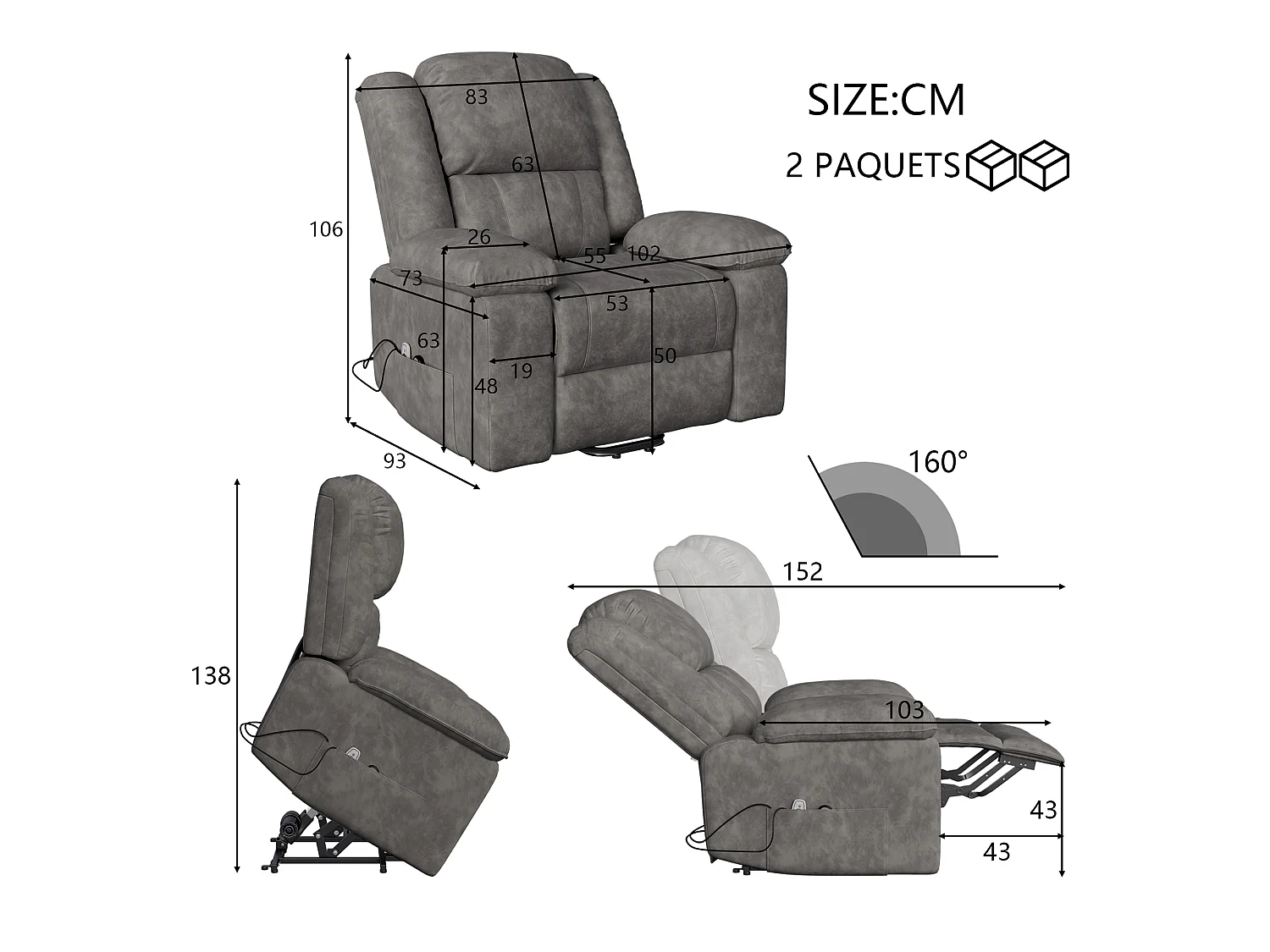 Fauteuil de Relaxation TV Pivotant avec Fonction Chaise Longue, Bascule - Pour Le Salon, Tissu, Gris