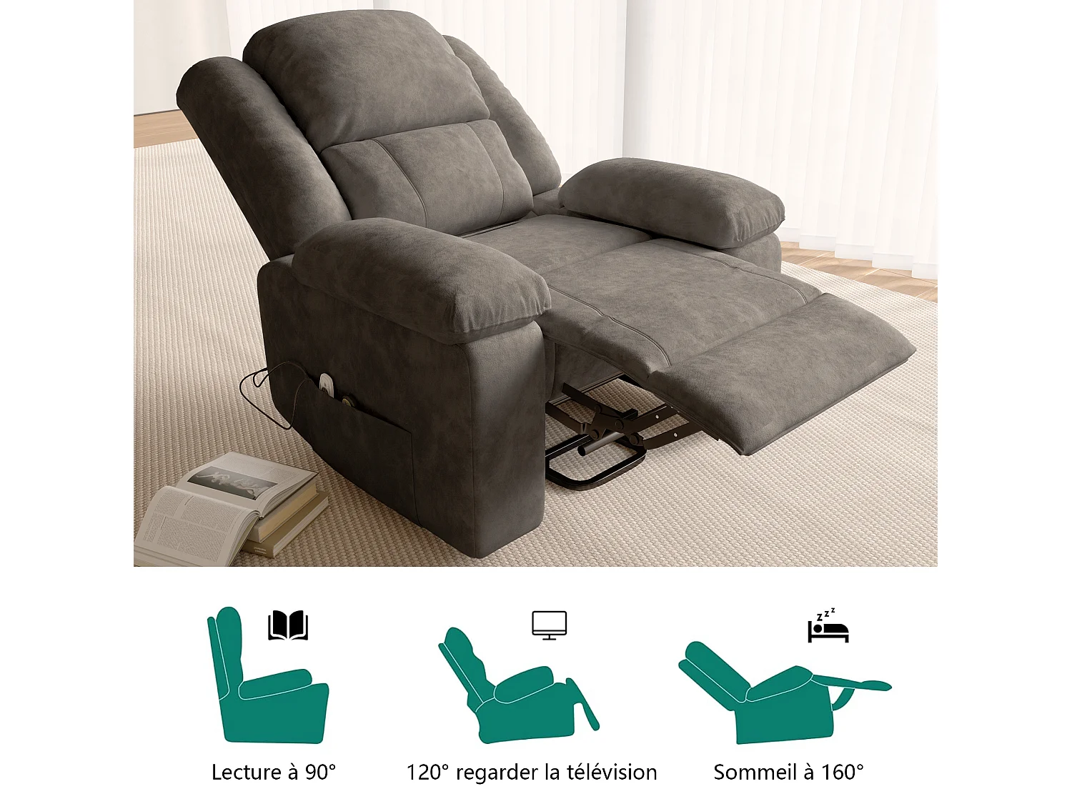 Fauteuil de Relaxation TV Pivotant avec Fonction Chaise Longue, Bascule - Pour Le Salon, Tissu, Gris