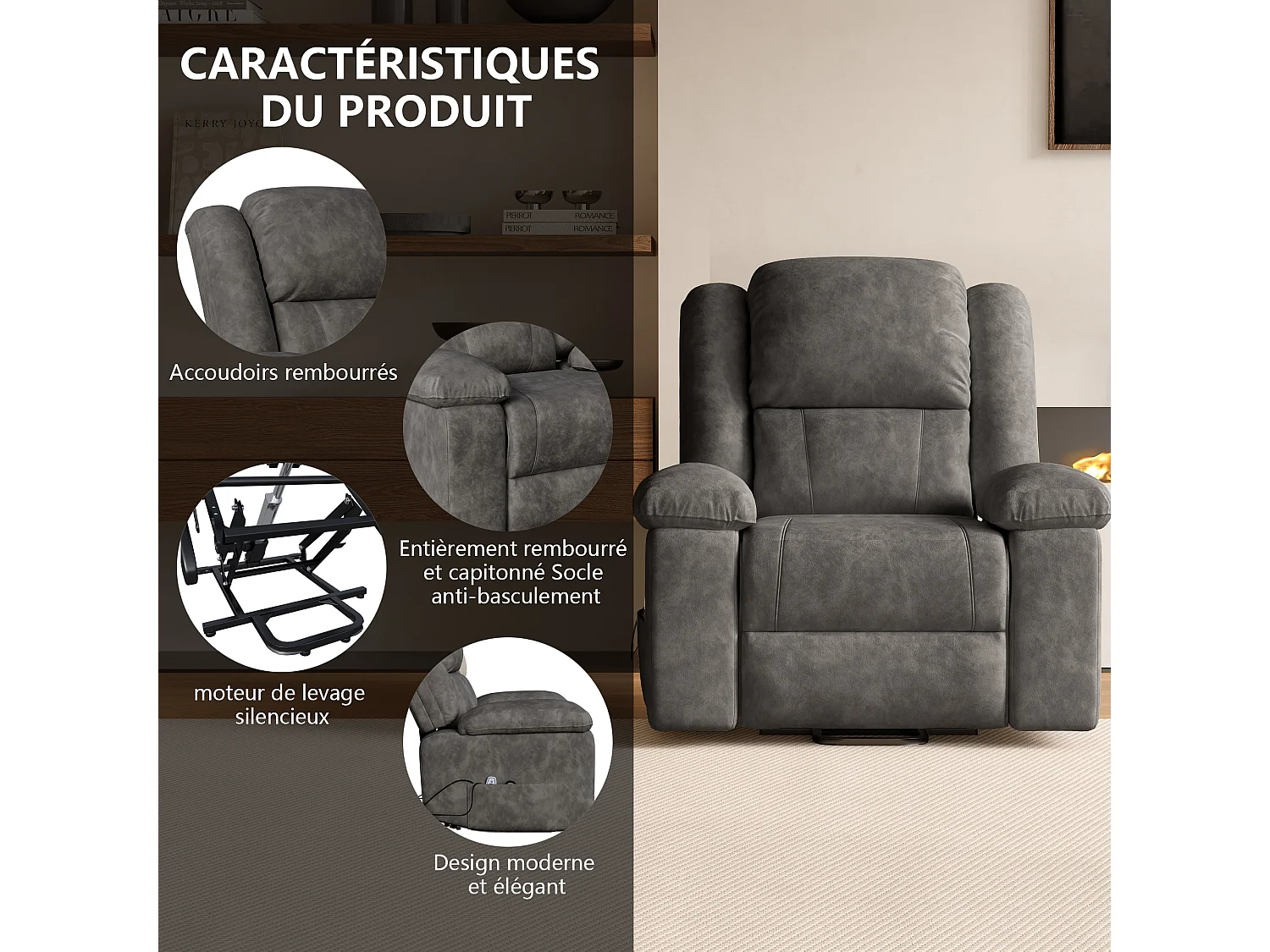 Fauteuil de Relaxation TV Pivotant avec Fonction Chaise Longue, Bascule - Pour Le Salon, Tissu, Gris