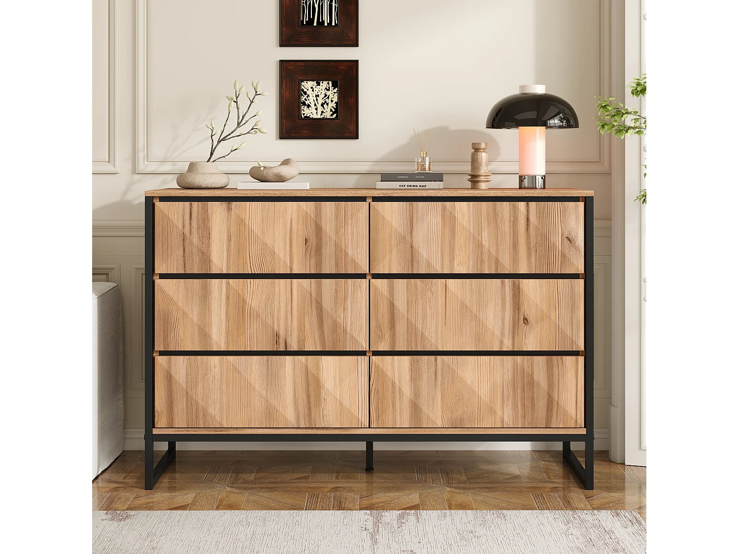 Buffet 120 x 40 x 80 cm noir et bois naturel, 6 tiroirs, pieds métal et façades relief