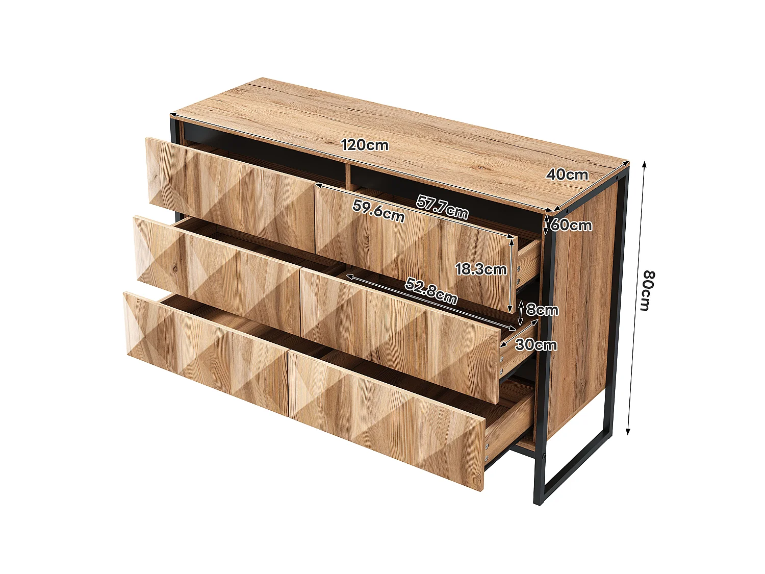 Buffet 120 x 40 x 80 cm noir et bois naturel, 6 tiroirs, pieds métal et façades relief