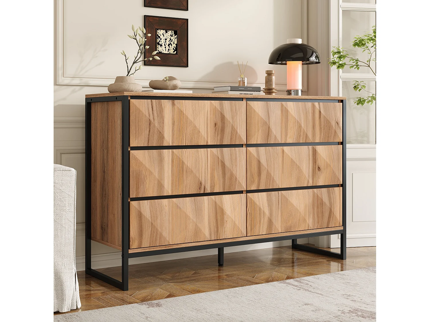 Buffet 120 x 40 x 80 cm noir et bois naturel, 6 tiroirs, pieds métal et façades relief