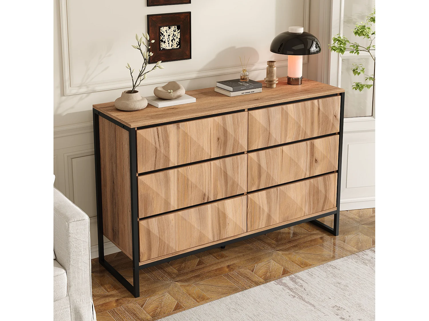 Buffet 120 x 40 x 80 cm noir et bois naturel, 6 tiroirs, pieds métal et façades relief