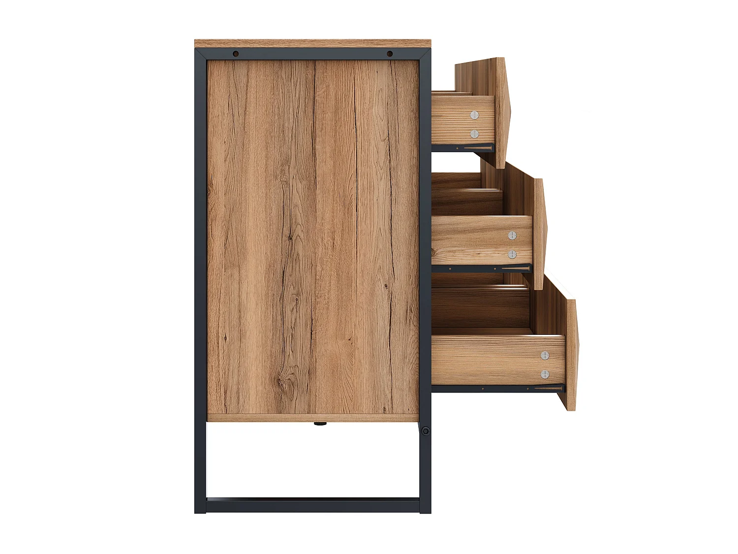 Buffet 120 x 40 x 80 cm noir et bois naturel, 6 tiroirs, pieds métal et façades relief