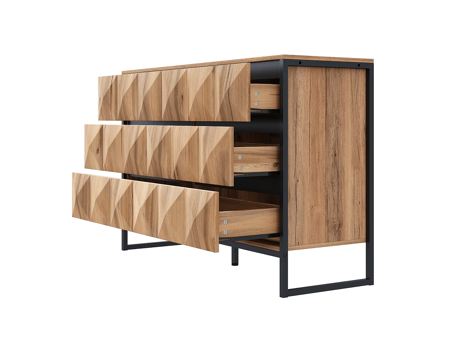 Buffet 120 x 40 x 80 cm noir et bois naturel, 6 tiroirs, pieds métal et façades relief