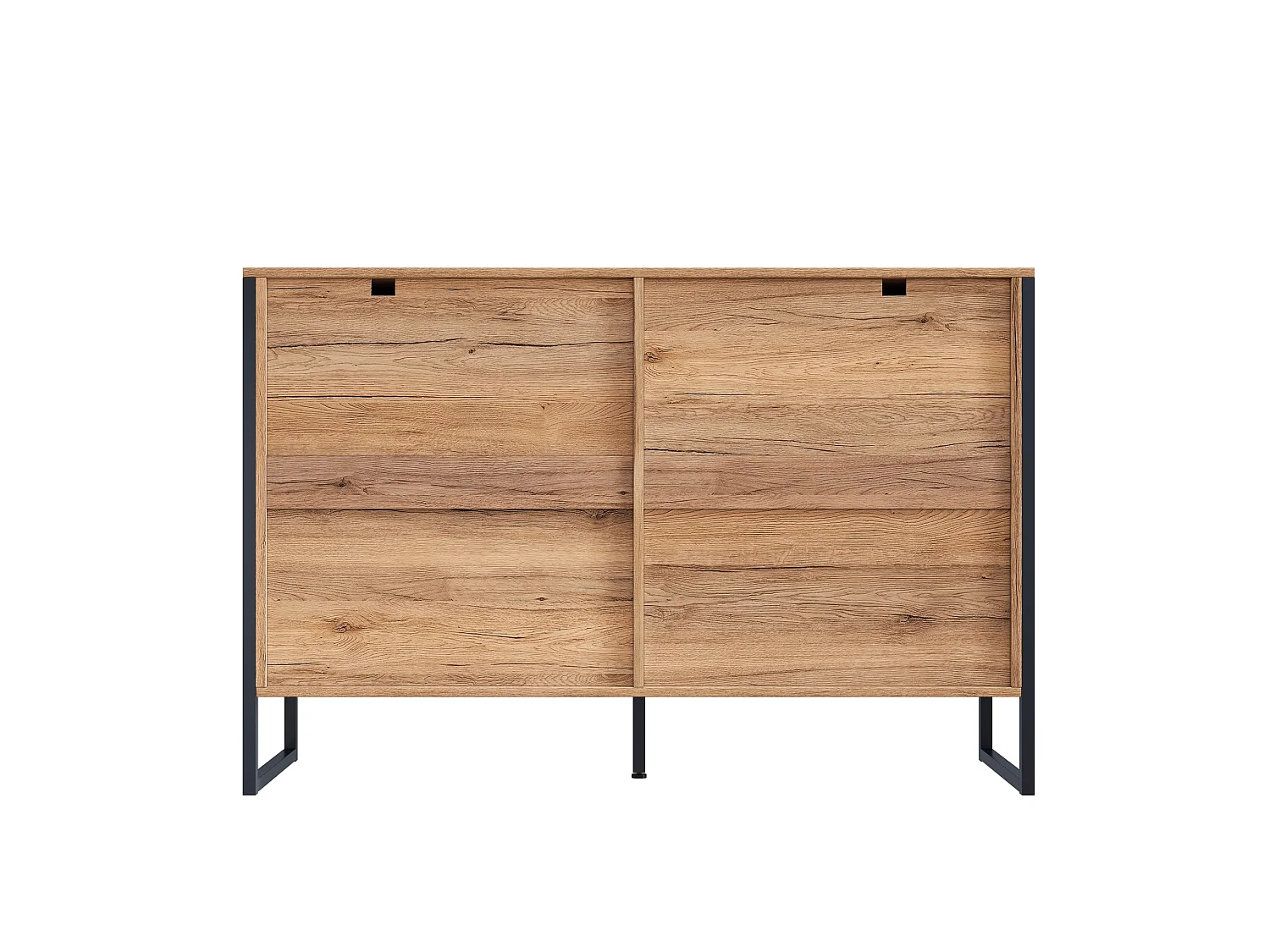 Buffet 120 x 40 x 80 cm noir et bois naturel, 6 tiroirs, pieds métal et façades relief