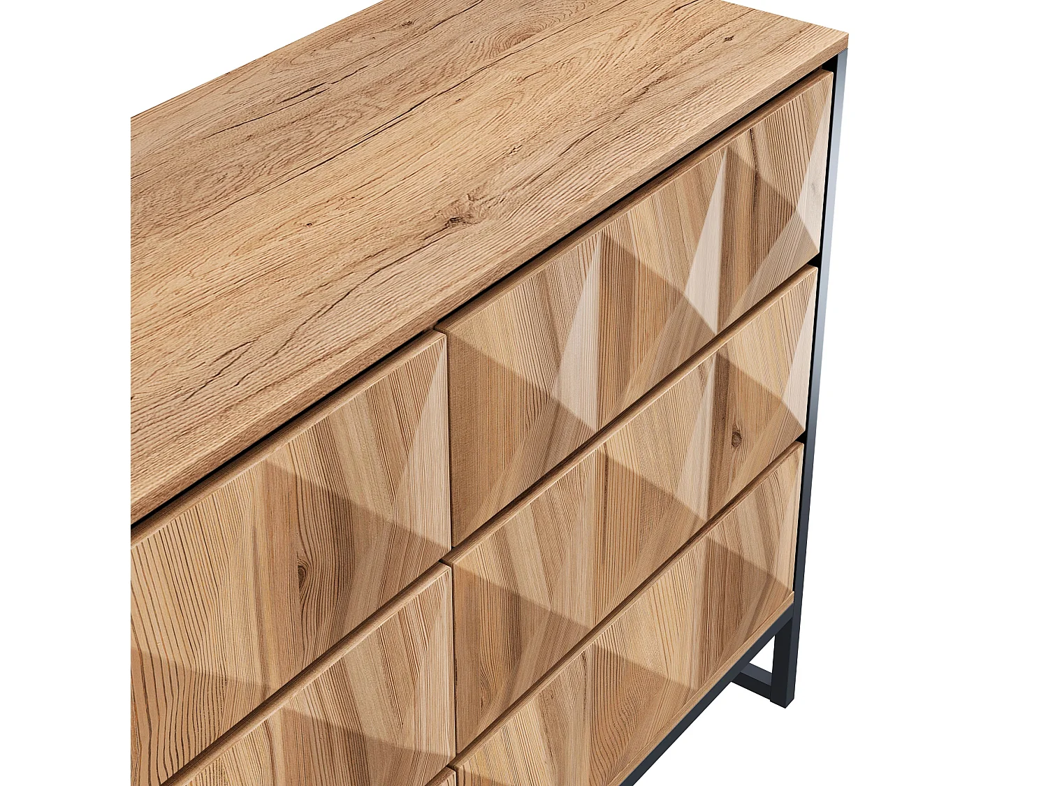 Buffet 120 x 40 x 80 cm noir et bois naturel, 6 tiroirs, pieds métal et façades relief