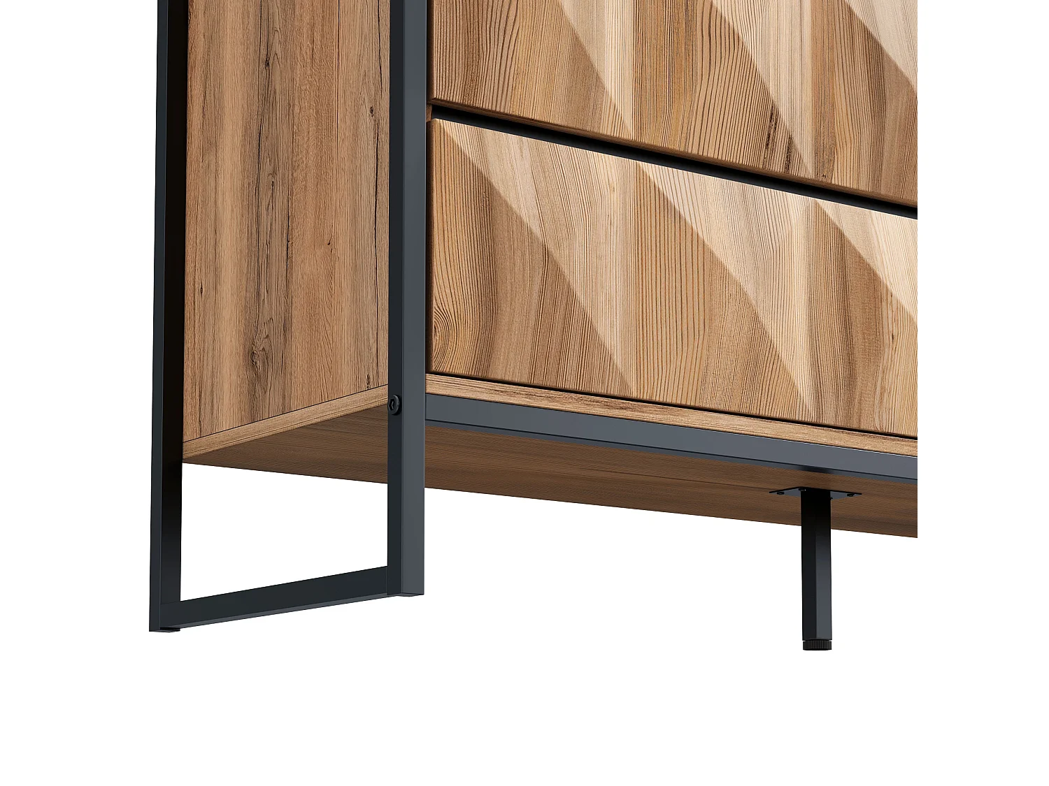 Buffet 120 x 40 x 80 cm noir et bois naturel, 6 tiroirs, pieds métal et façades relief