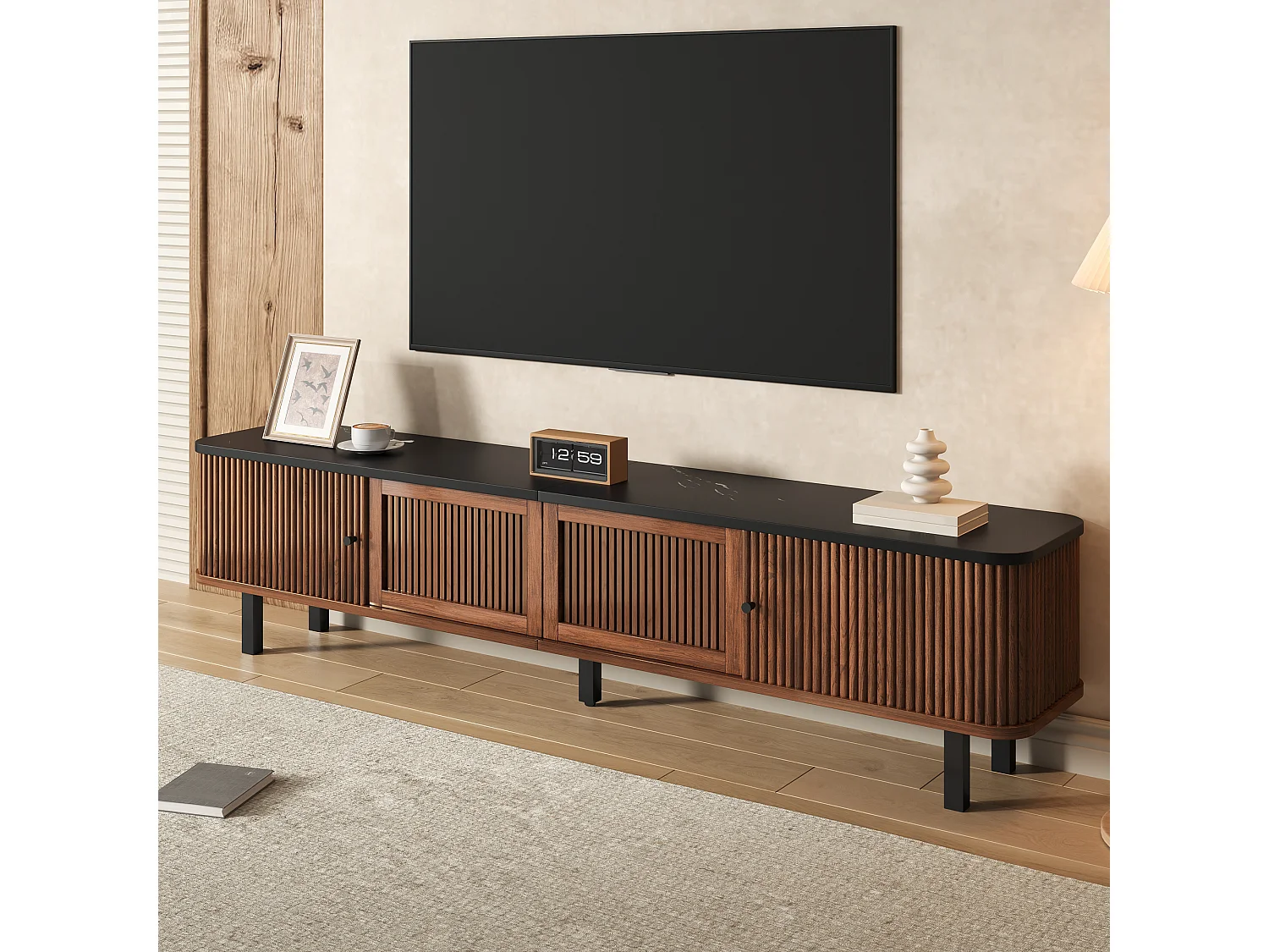 Meuble TV 190 x 30 x 45 cm, 2 portes coulissantes, portes effet cannage, poignées rondes en métal, noyer