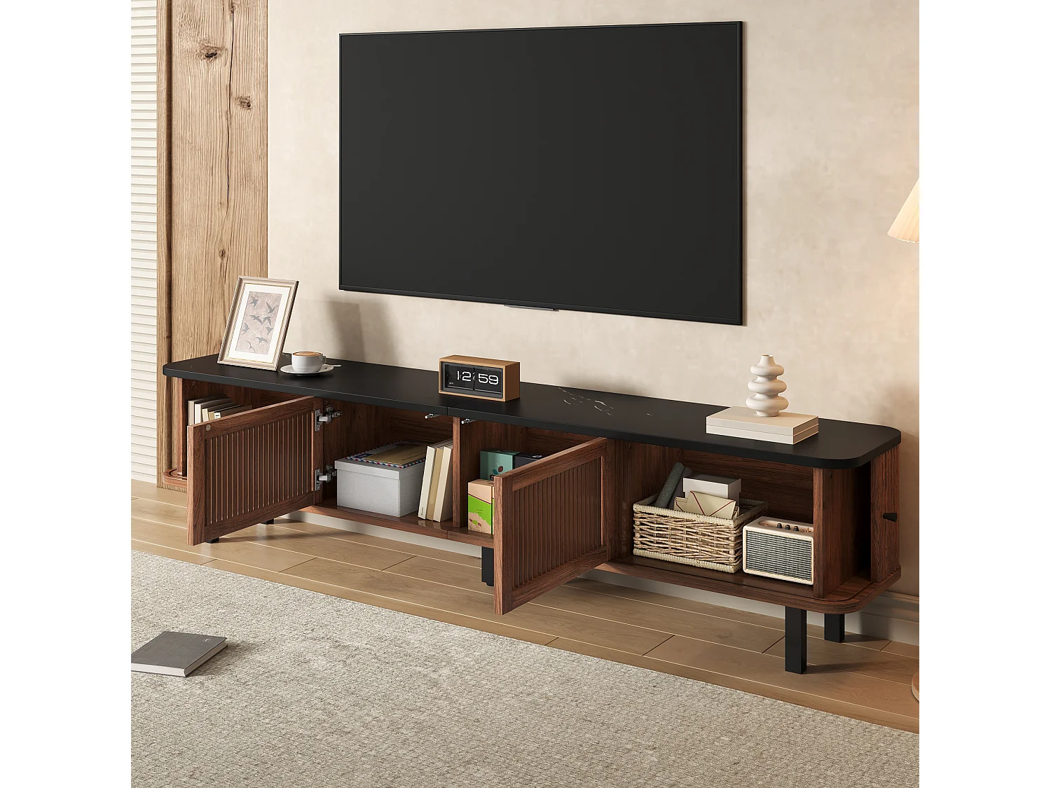 Meuble TV 190 x 30 x 45 cm, 2 portes coulissantes, portes effet cannage, poignées rondes en métal, noyer