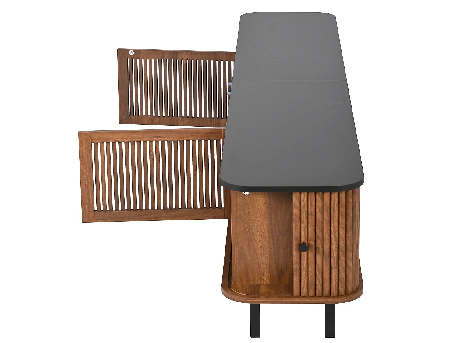 Meuble TV 190 x 30 x 45 cm, 2 portes coulissantes, portes effet cannage, poignées rondes en métal, noyer