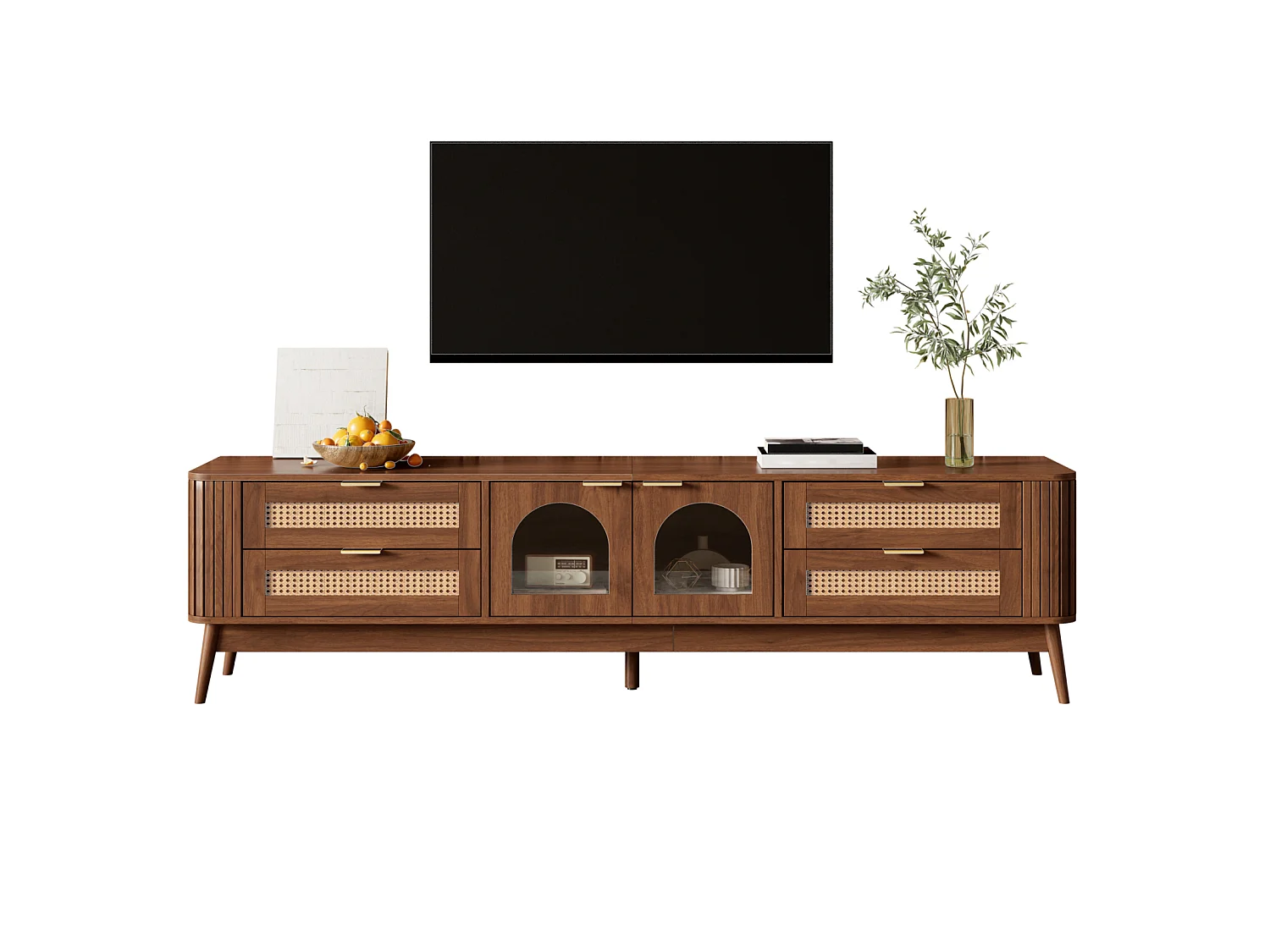 Meuble TV 180 x 40 x 50 cm, avec portes verre et tiroirs, LED ambiance, design moderne, Noyer