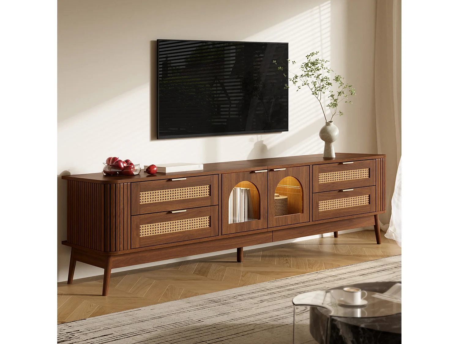 Meuble TV 180 x 40 x 50 cm, avec portes verre et tiroirs, LED ambiance, design moderne, Noyer
