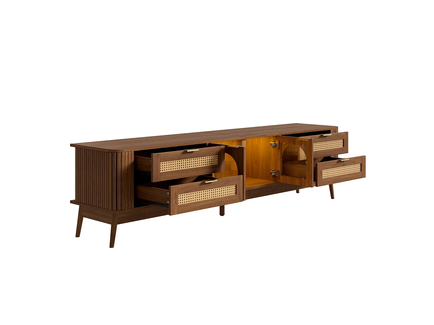Meuble TV 180 x 40 x 50 cm, avec portes verre et tiroirs, LED ambiance, design moderne, Noyer