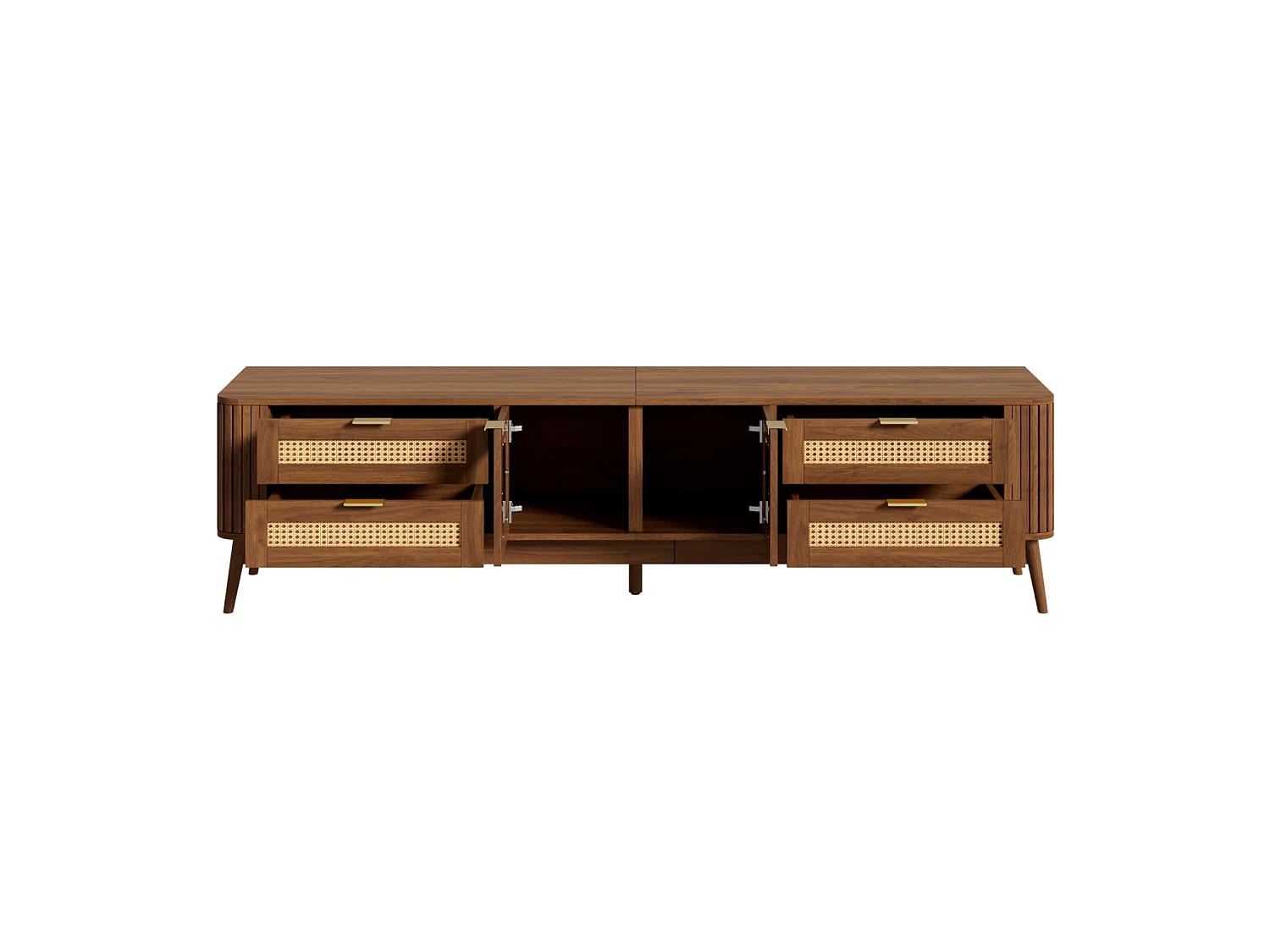 Meuble TV 180 x 40 x 50 cm, avec portes verre et tiroirs, LED ambiance, design moderne, Noyer