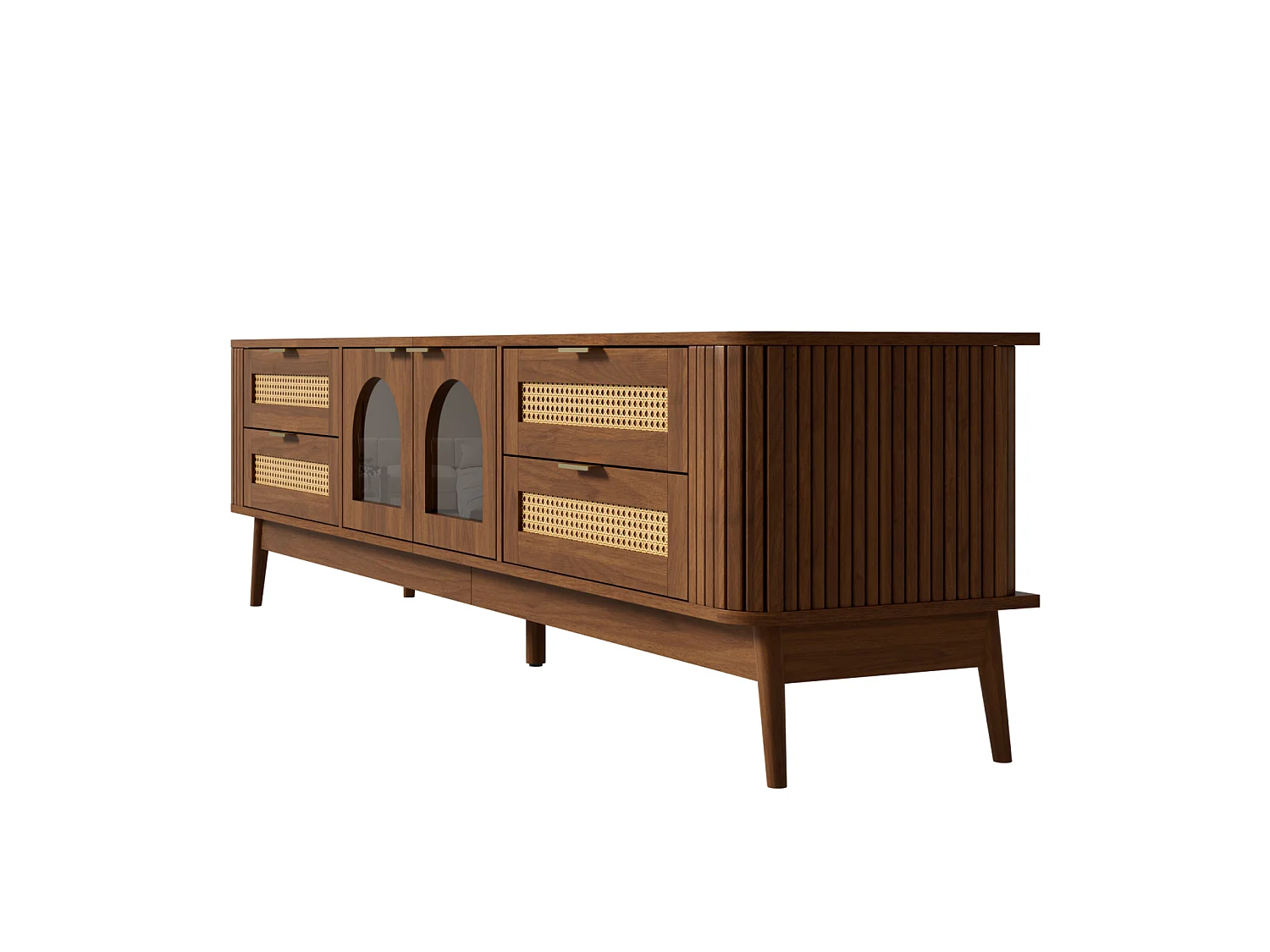 Meuble TV 180 x 40 x 50 cm, avec portes verre et tiroirs, LED ambiance, design moderne, Noyer