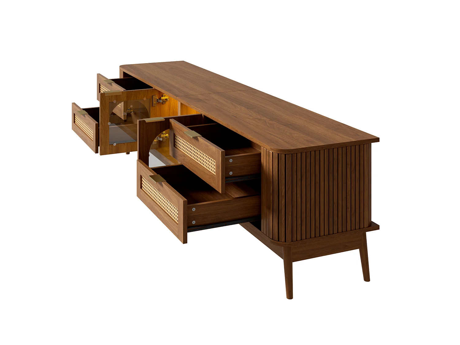 Meuble TV 180 x 40 x 50 cm, avec portes verre et tiroirs, LED ambiance, design moderne, Noyer