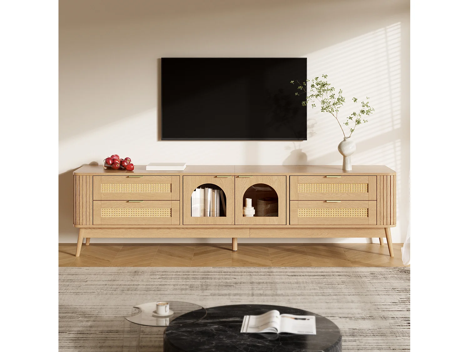 Meuble TV 180 x 40 x 50 cm, avec portes verre et tiroirs, LED ambiance, design moderne, Naturel