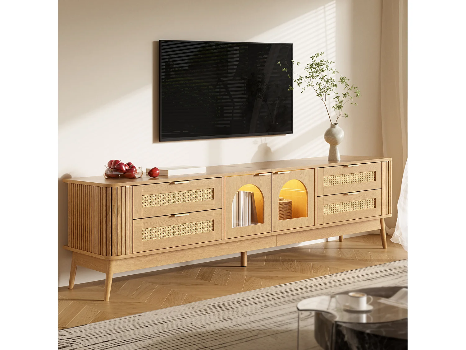Meuble TV 180 x 40 x 50 cm, avec portes verre et tiroirs, LED ambiance, design moderne, Naturel