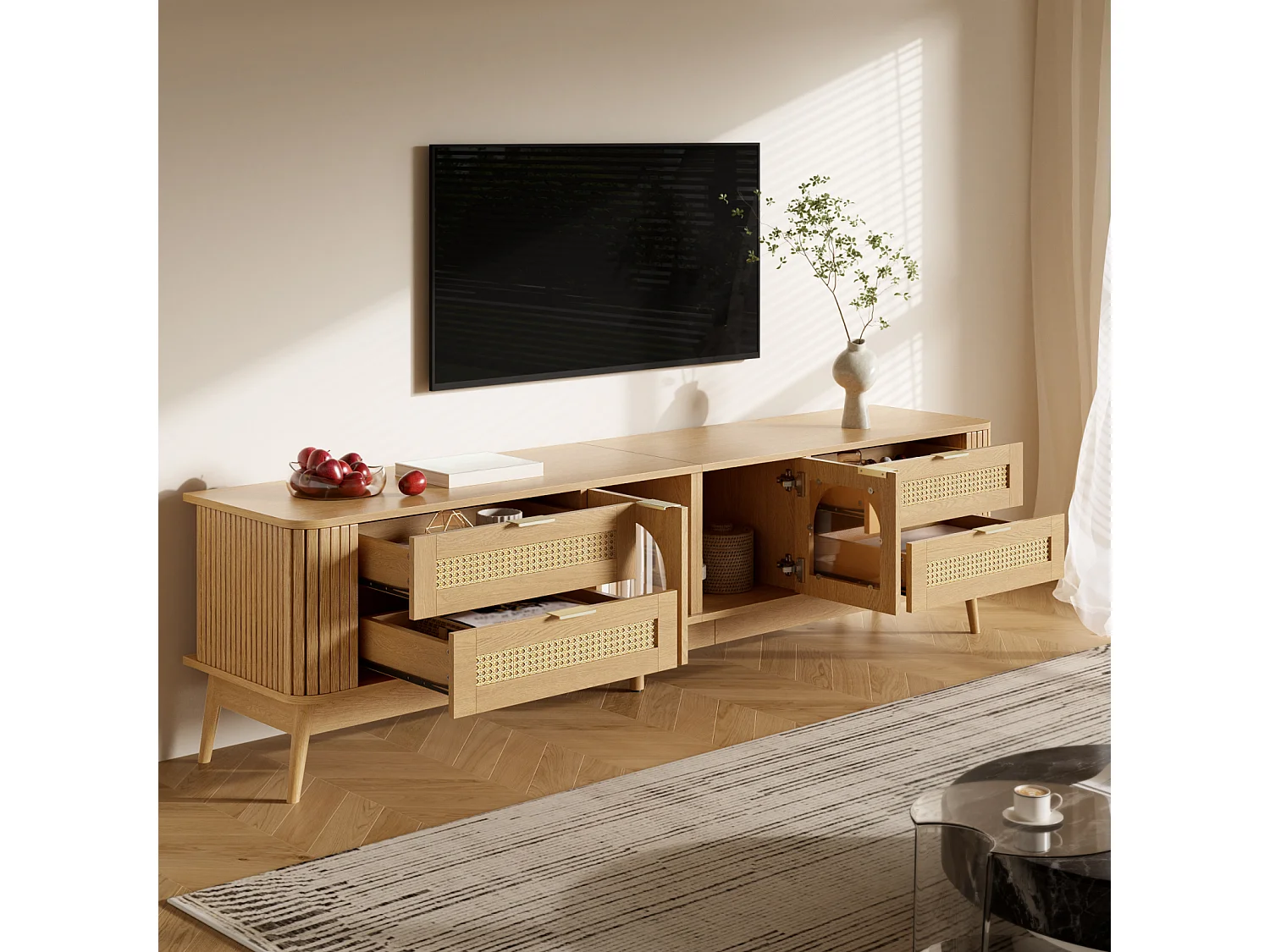 Meuble TV 180 x 40 x 50 cm, avec portes verre et tiroirs, LED ambiance, design moderne, Naturel
